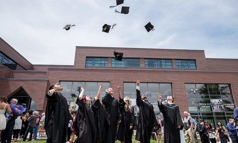 A photo of university graduates throwing their caps