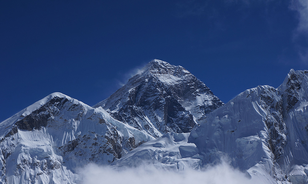 A photo of the summit pyramid of Mount Everest 