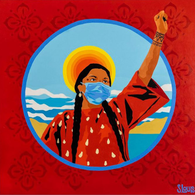 A painting of an Indigenous girl wearing a mask and holding her arm in the air