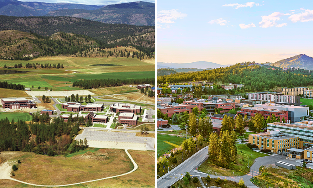 A collaged image of UBCO from 2005 and 2021.