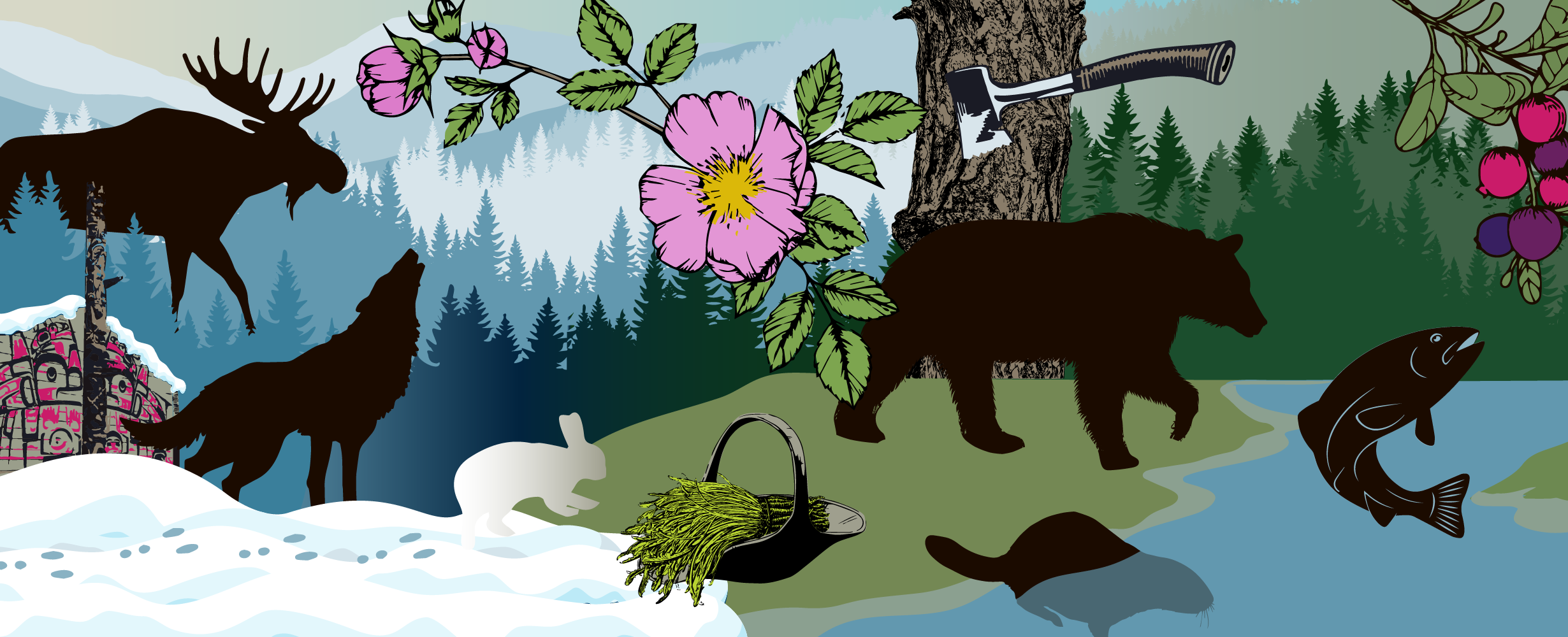 An illustration of a winter landscape, with a moose walking through trees and a wolf howling. A traditional Indigenous longhouse is featured in the background, then the image transitions to spring. A bear, beaver and fish are seen near the water