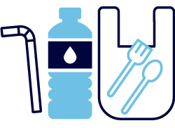 A graphic of common plastic items, like plastic bottles, straws, plastic bags and cutlery