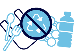 A graphic of common plastic items like cutlery, plastic bags, and can holders