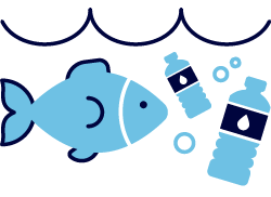 A graphic of a fish surrounded by plastic bottles under water