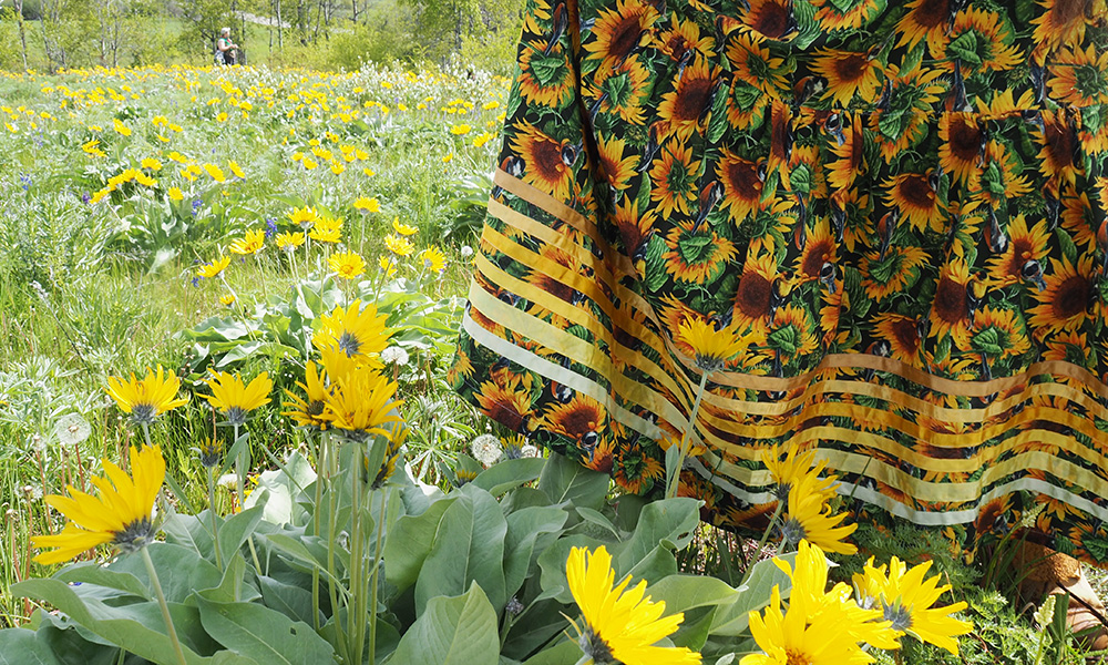 A photo of Evangeline John in a field filled with balsam root sunflowers