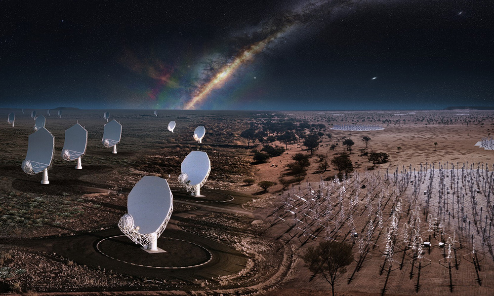 An illustration of a radiotelescope array
