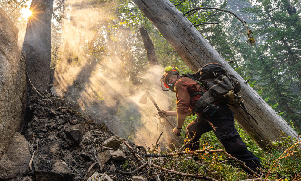 A wildland firefighter is seen using an axe against a tree that is smouldering; the sun shines through the smoke to give a beautiful feel to the photo