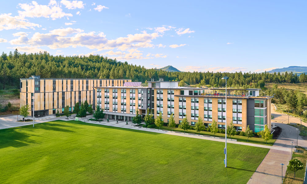 An aerial shot of two of UBC Okanagan's newest residences, Skeena and Purcell.