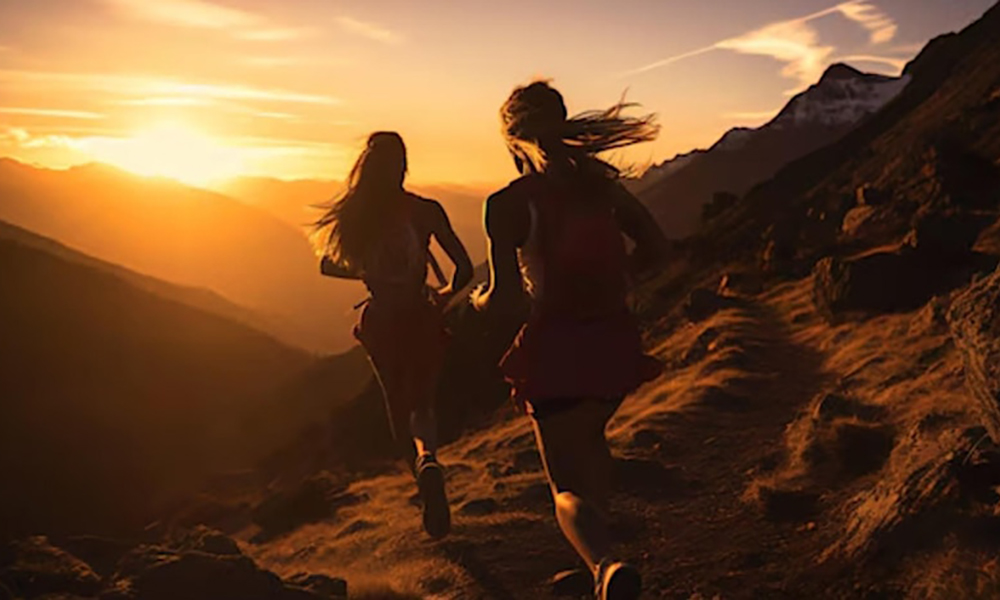 Two women run along a hilly trail as the sun sets in the foreground. 